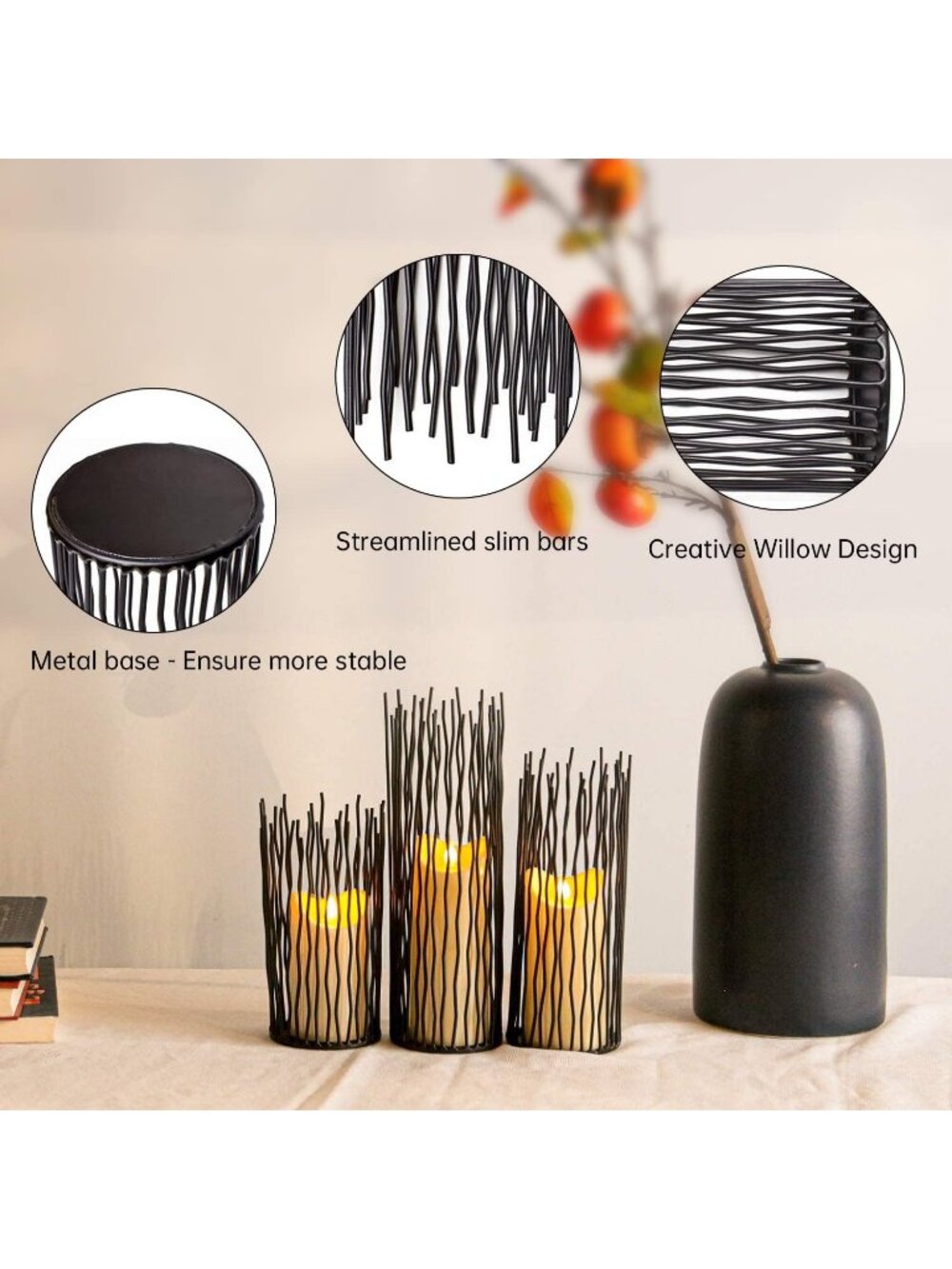 New Set of 3 Black Metal Wire Willow Pillar Candle Holders 8 10 12 Inch Decor - Picture 4 of 6